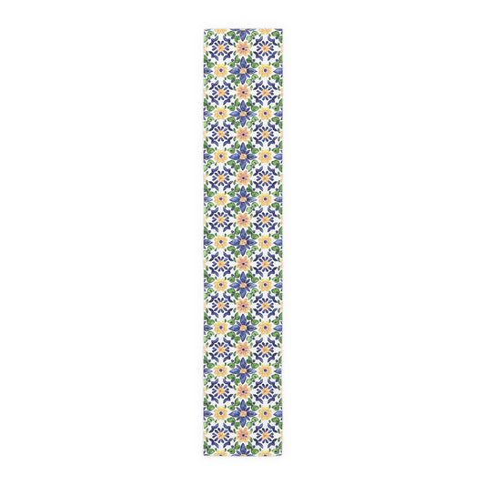 Sol y Alegría (Sun and Joy) Collection- Cactus Succulent Pattern Microfiber Blanket Soft Velveteen Throw for Home & Garden Lovers Floral Tile Table Runner — Blue & Yellow Mediterranean Pattern - Creations by Chris and Carlos