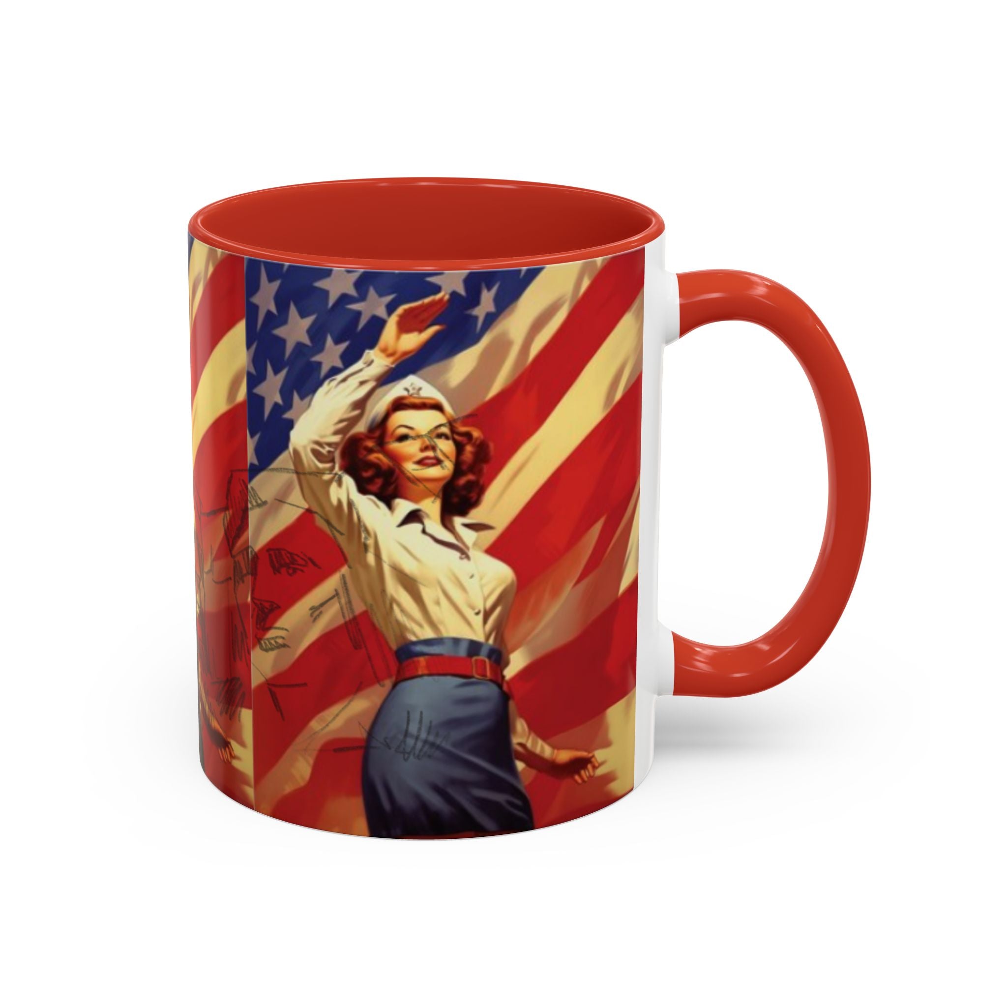Patriotic Pin-Up Coffee Mug — Vintage American Flag Accent (11/15 oz) - Creations by Chris and Carlos