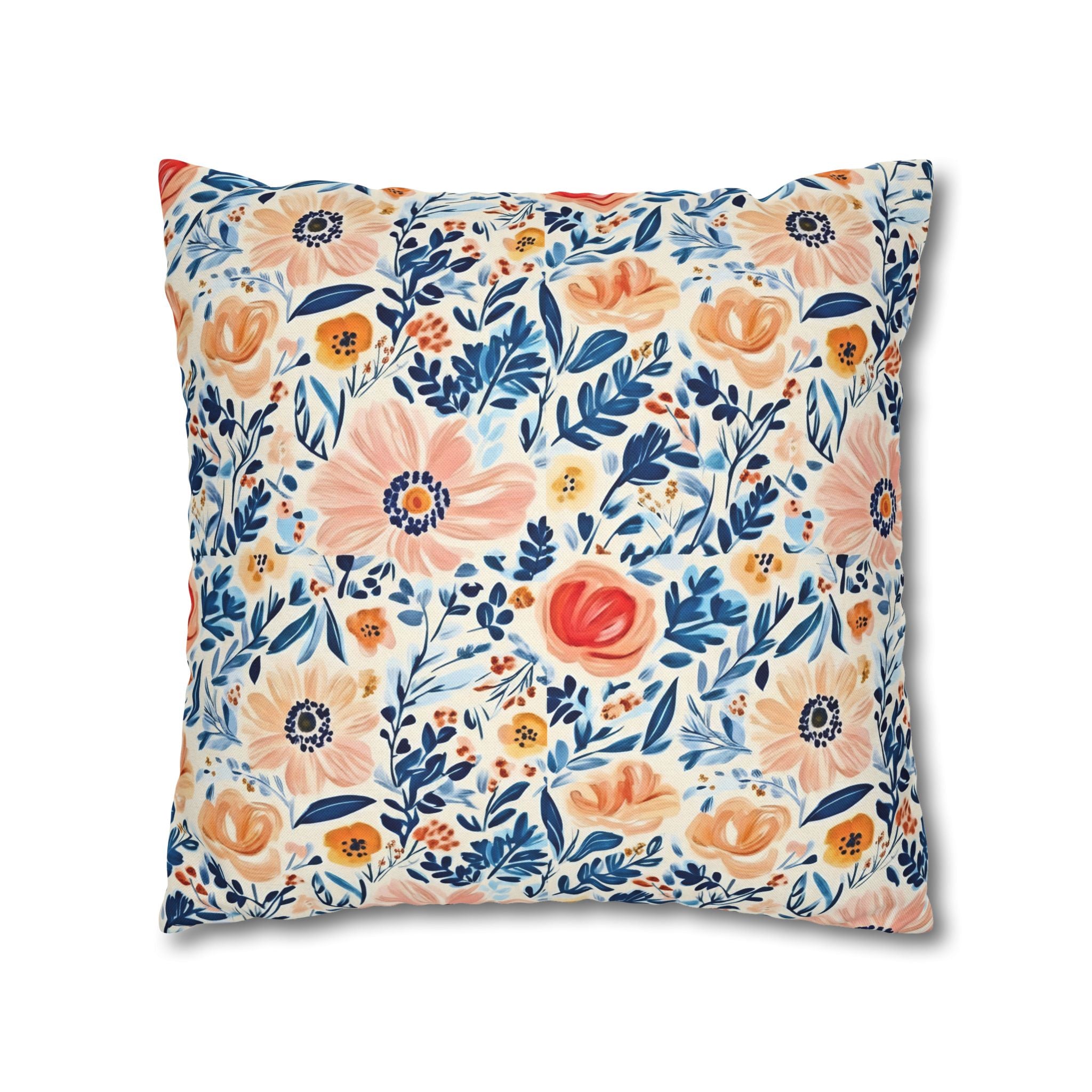 The Artisanal Flora Gallery Floral Watercolor Throw Pillow Cover — Peach & Navy Garden Pattern - Creations by Chris and Carlos