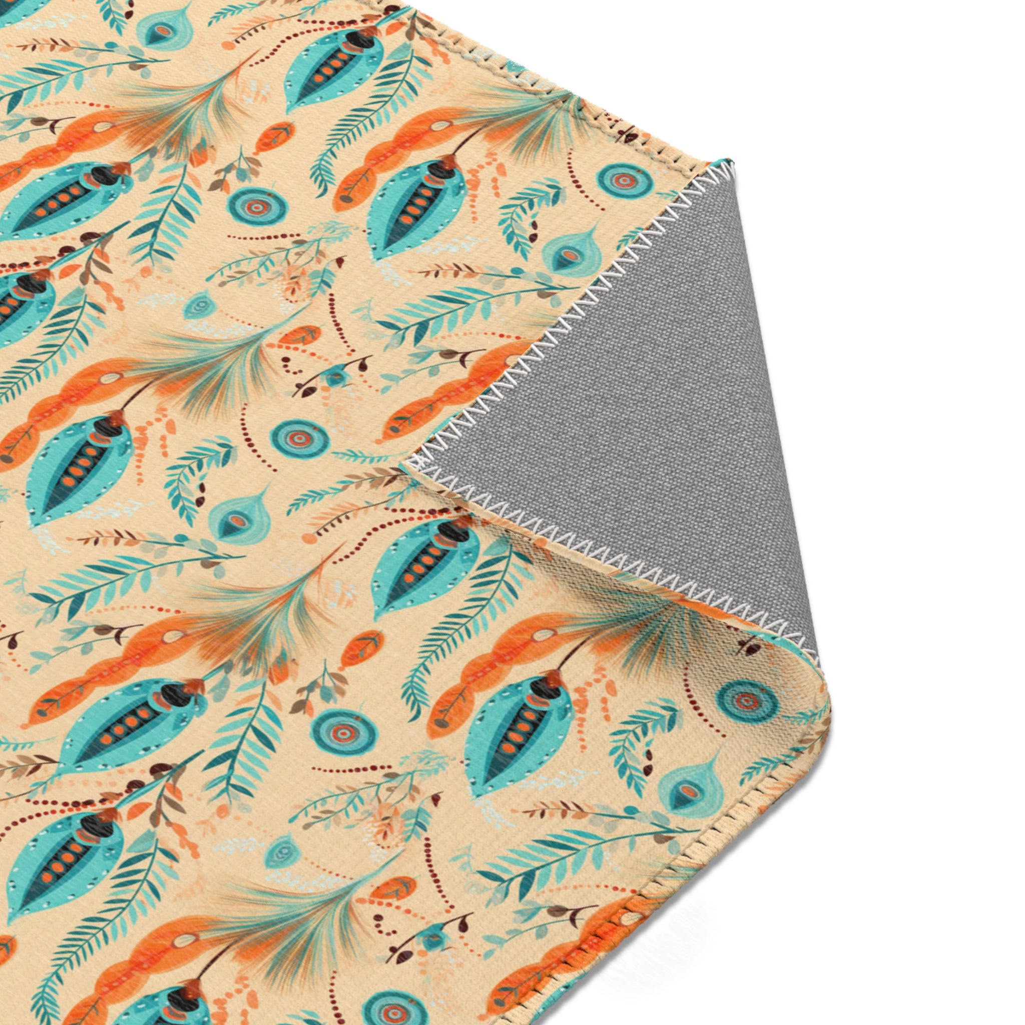 Sol y Alegría (Sun and Joy) Collection- Boho Feather Pattern Area Rug — Turquoise & Coral Accent Rug - Creations by Chris and Carlos