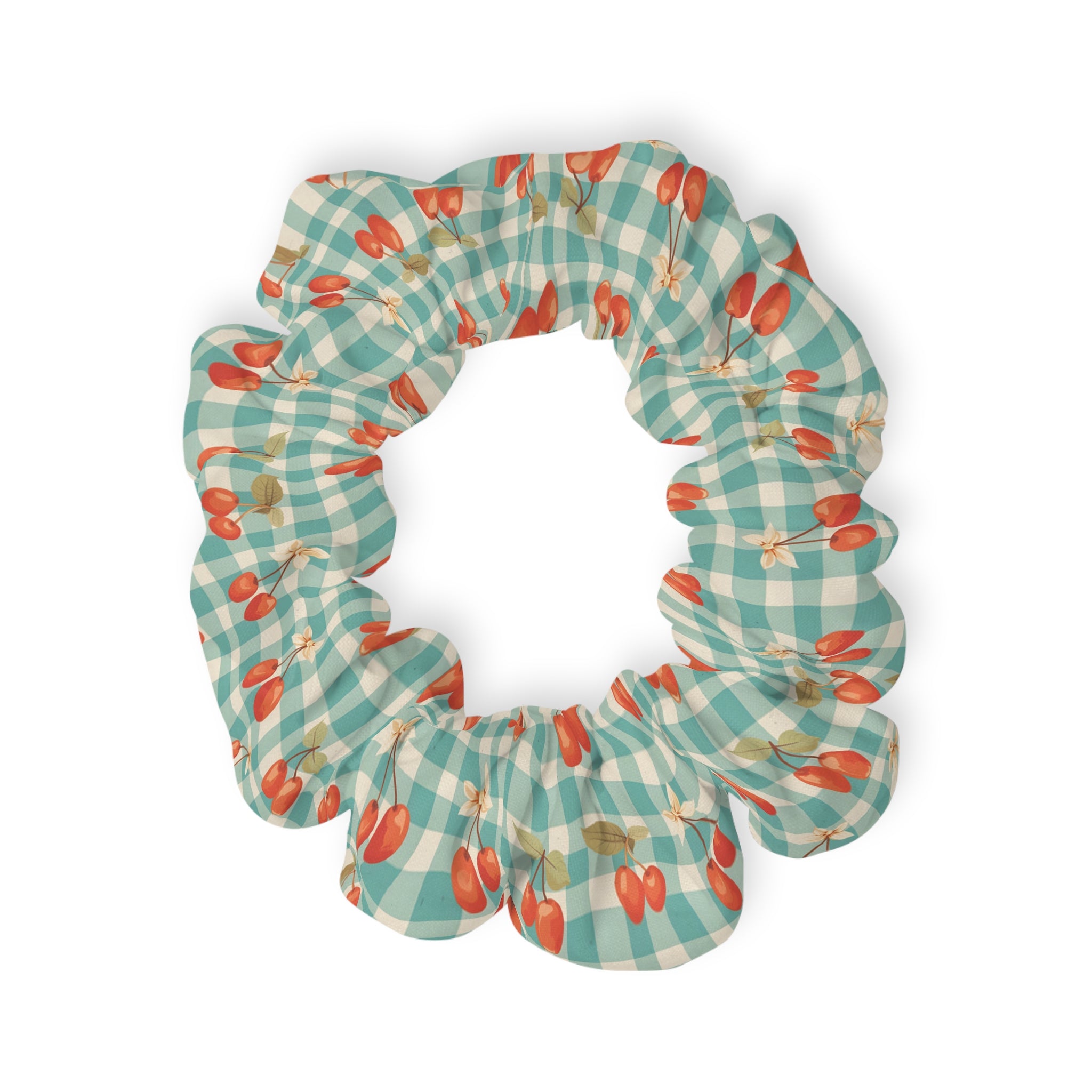 Cherry Gingham Scrunchie — Retro Teal Check Hair Accessory - Creations by Chris and Carlos