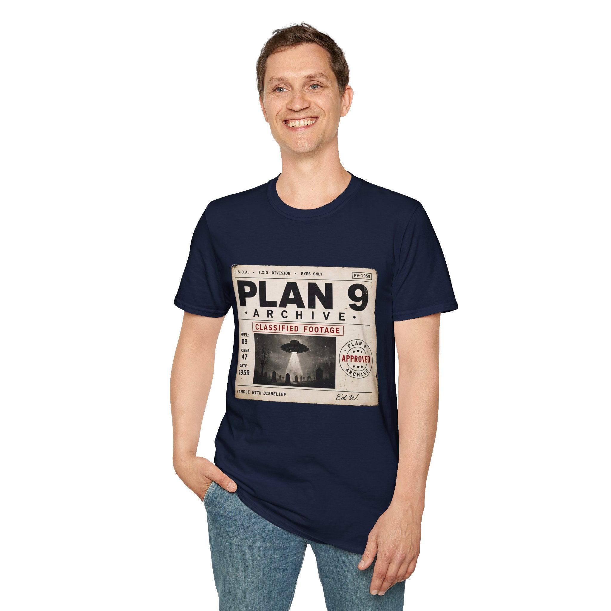 Plan 9 Archive UFO T-Shirt — Retro 'Classified Footage' Alien Badge Tee - Creations by Chris and Carlos