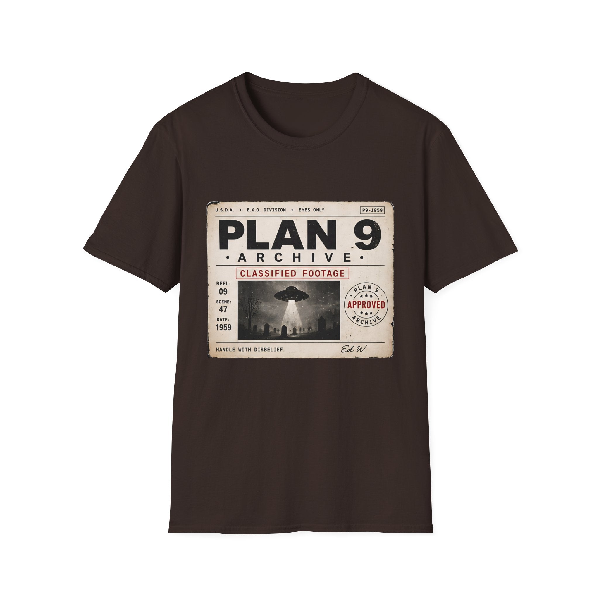 Plan 9 Archive UFO T-Shirt — Retro 'Classified Footage' Alien Badge Tee - Creations by Chris and Carlos