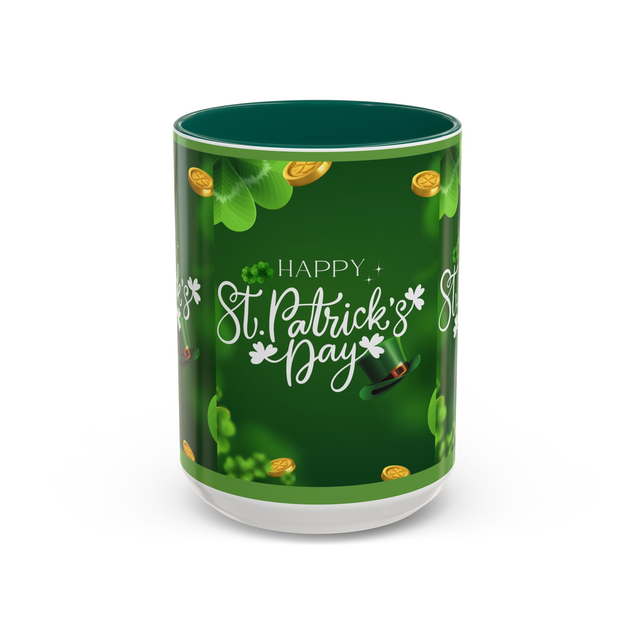 Happy St. Patrick's Day Coffee Mug – Green Shamrock & Gold Coin 11/15oz - Creations by Chris and Carlos