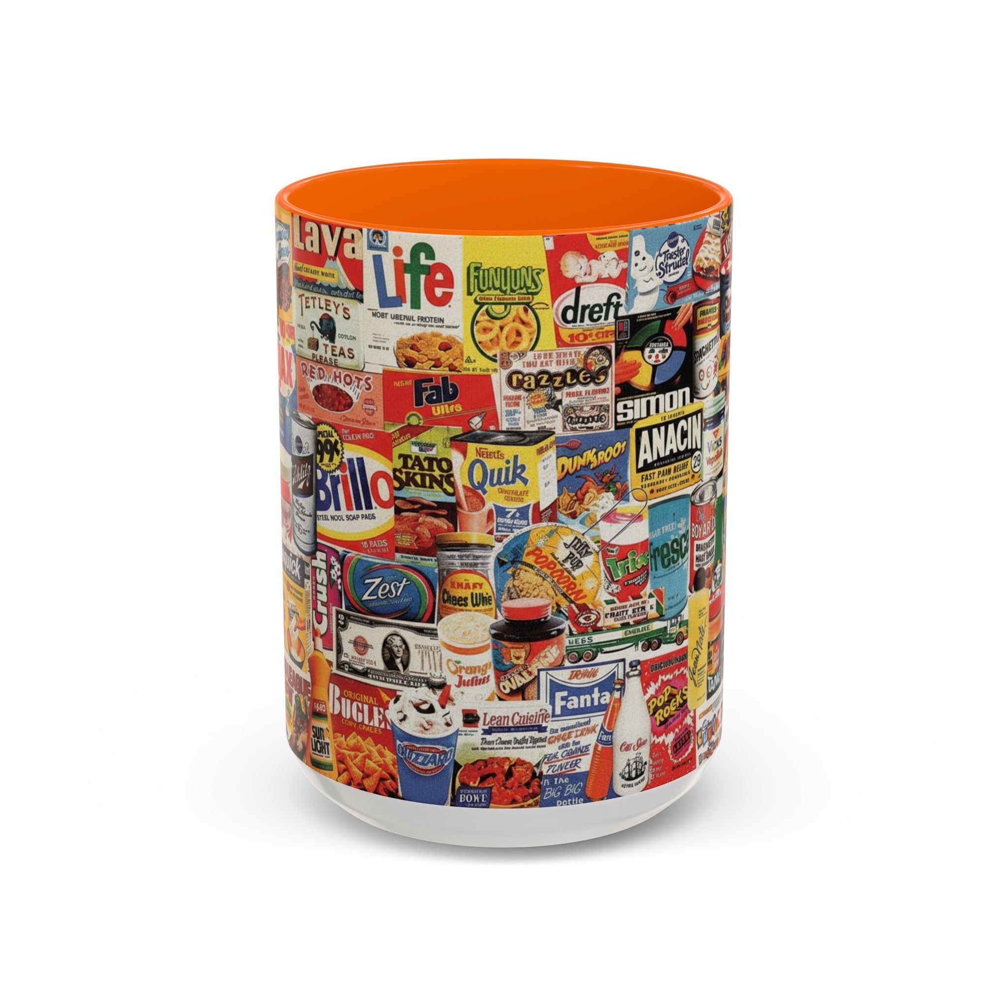 Vintage Retro Ads Coffee Mug — Collage of Classic Brand Labels (11/15oz Accent Mug) - Creations by Chris and Carlos