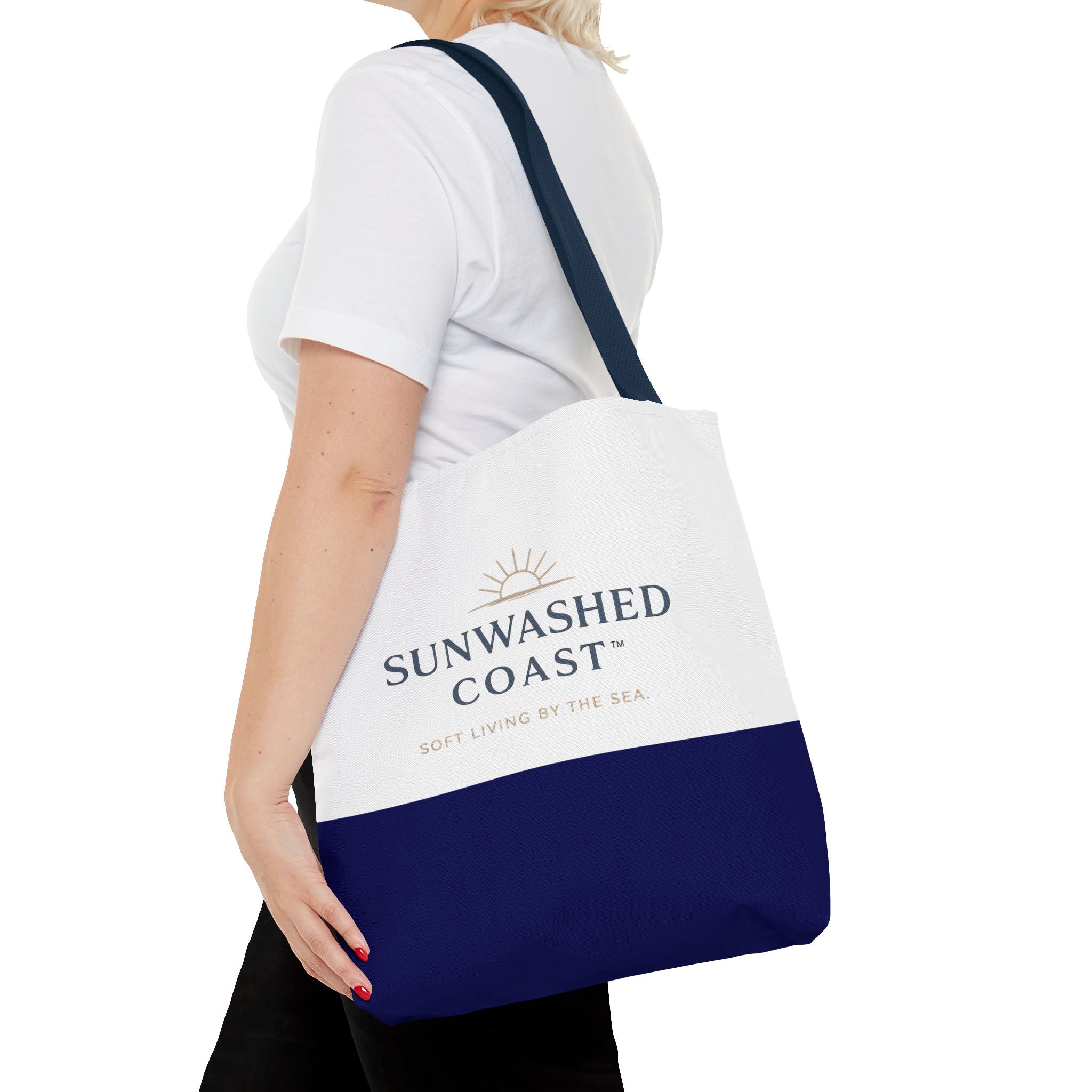 Sunwashed Coast Tote Bag — Coastal Canvas Beach Tote with 'Soft Living by the Sea' Logo - Creations by Chris and Carlos