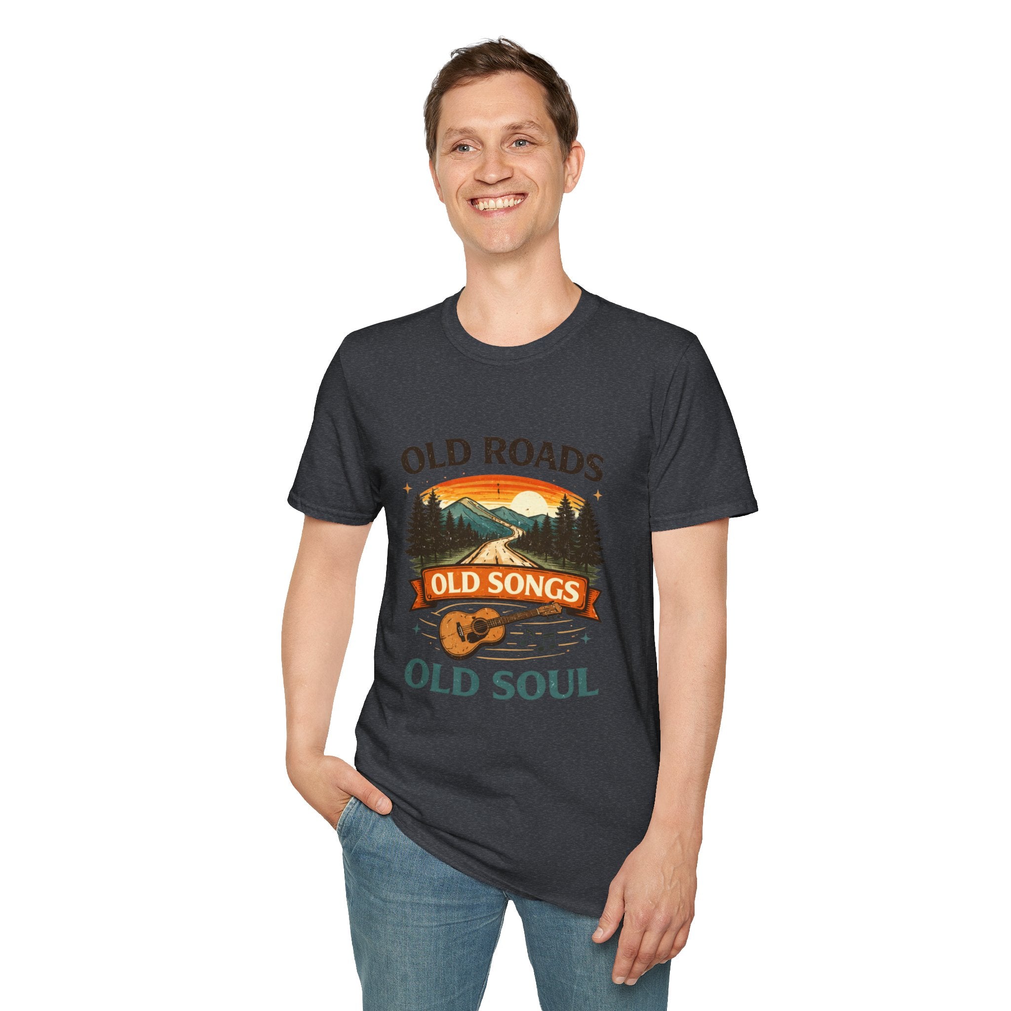Old Roads Old Songs Old Soul T-Shirt – Vintage Guitar & Mountain Graphic - Creations by Chris and Carlos