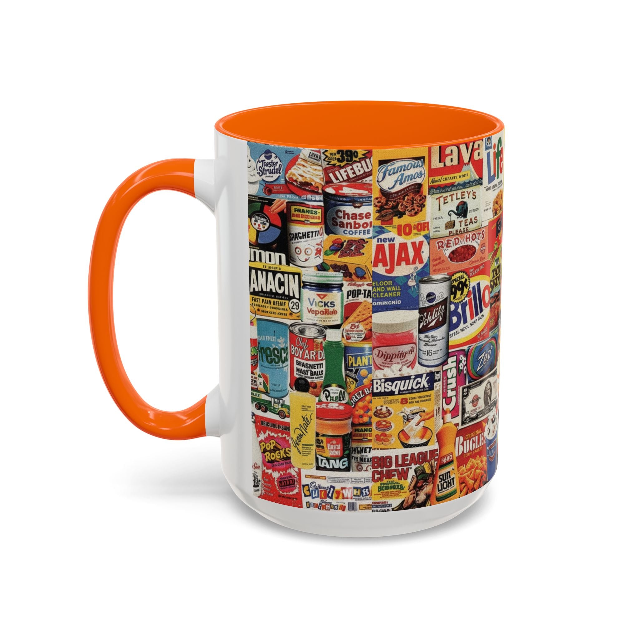 Vintage Retro Ads Coffee Mug — Collage of Classic Brand Labels (11/15oz Accent Mug) - Creations by Chris and Carlos