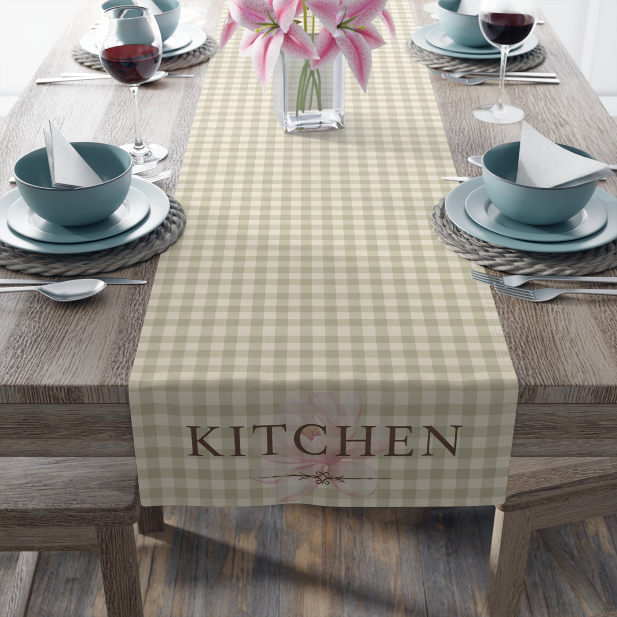 Farmhouse Gingham Table Runner — "Kitchen" Cotton-Blend Decor - Creations by Chris and Carlos
