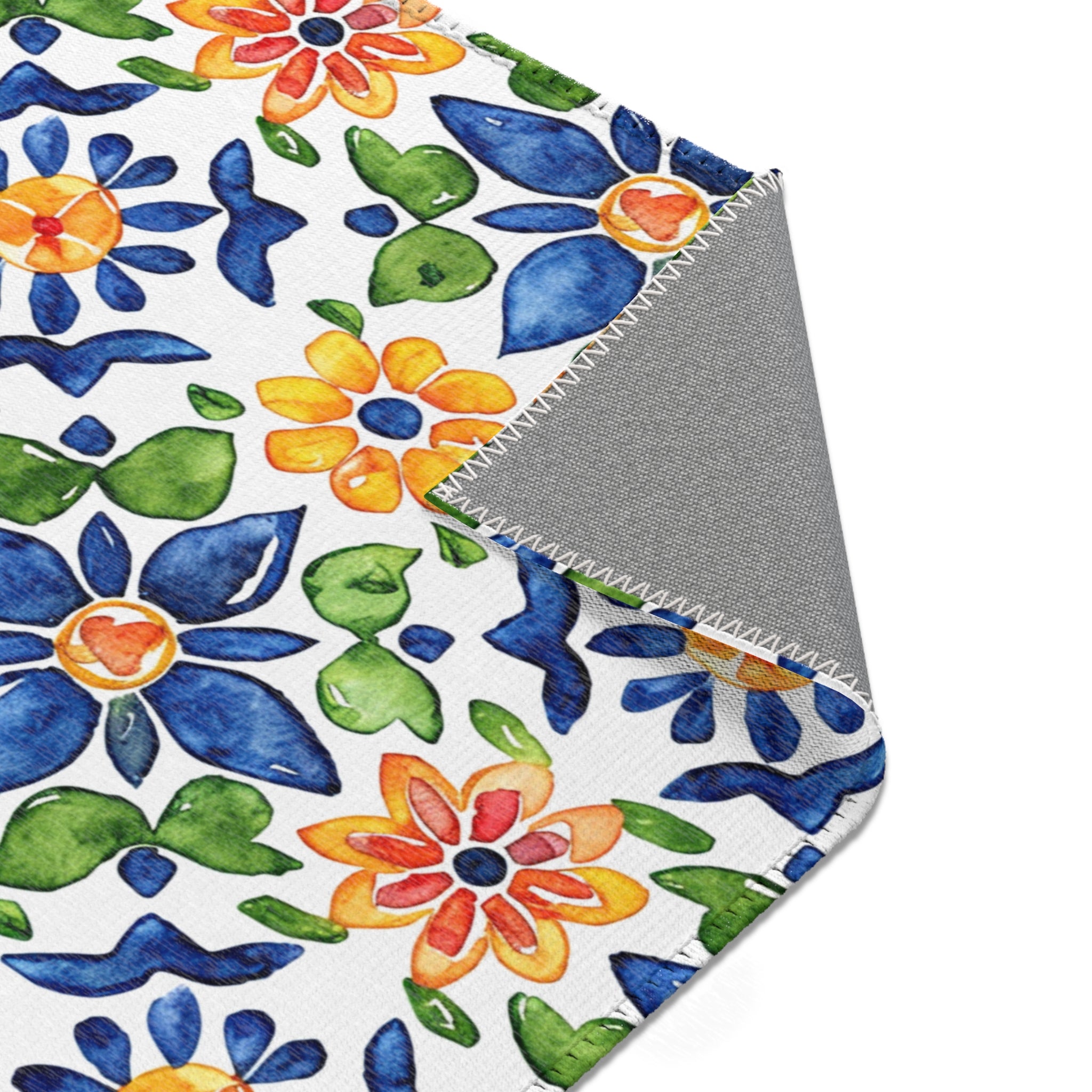 Sol y Alegría (Sun and Joy) Collection- Mediterranean Floral Area Rug — Colorful Blue & Yellow Tile Pattern - Creations by Chris and Carlos