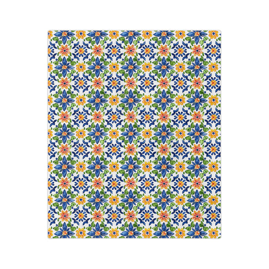 Sol y Alegría (Sun and Joy) Collection- Floral Mosaic Velveteen Blanket Blue & Yellow Microfiber Throw - Creations by Chris and Carlos