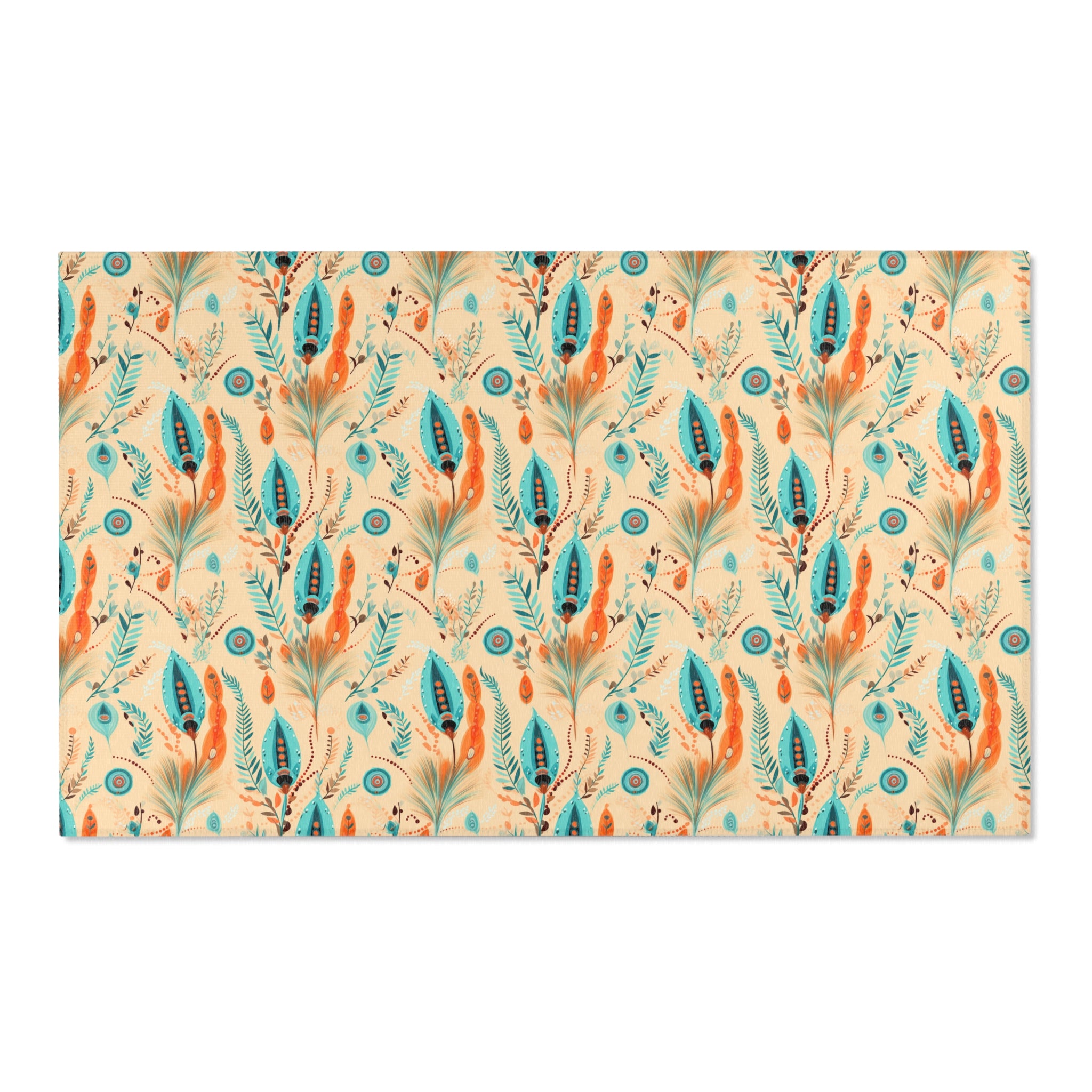 Sol y Alegría (Sun and Joy) Collection- Boho Feather Pattern Area Rug — Turquoise & Coral Accent Rug - Creations by Chris and Carlos