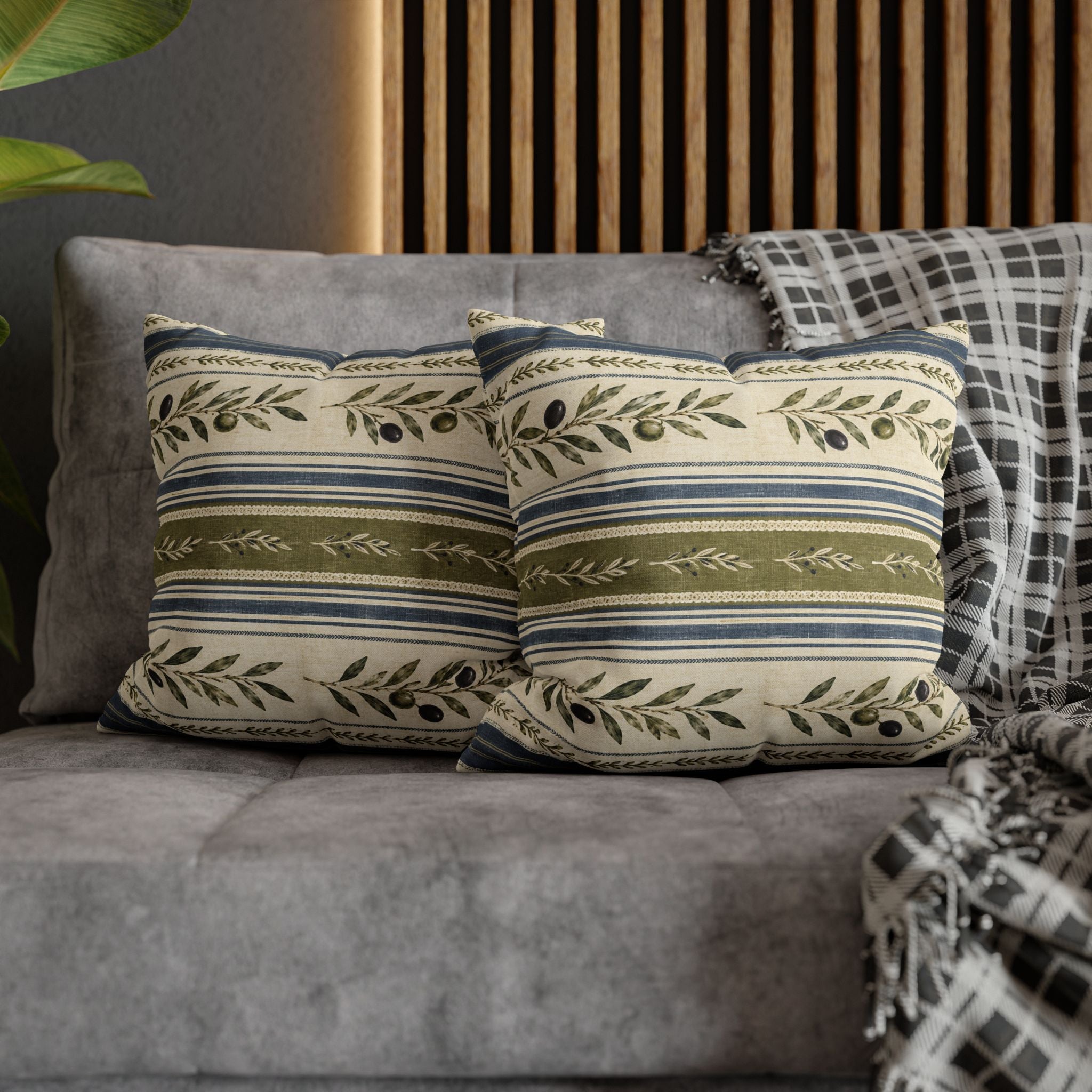 Olive & Navy Olive Branch Striped Throw Pillowcase - Creations by Chris and Carlos