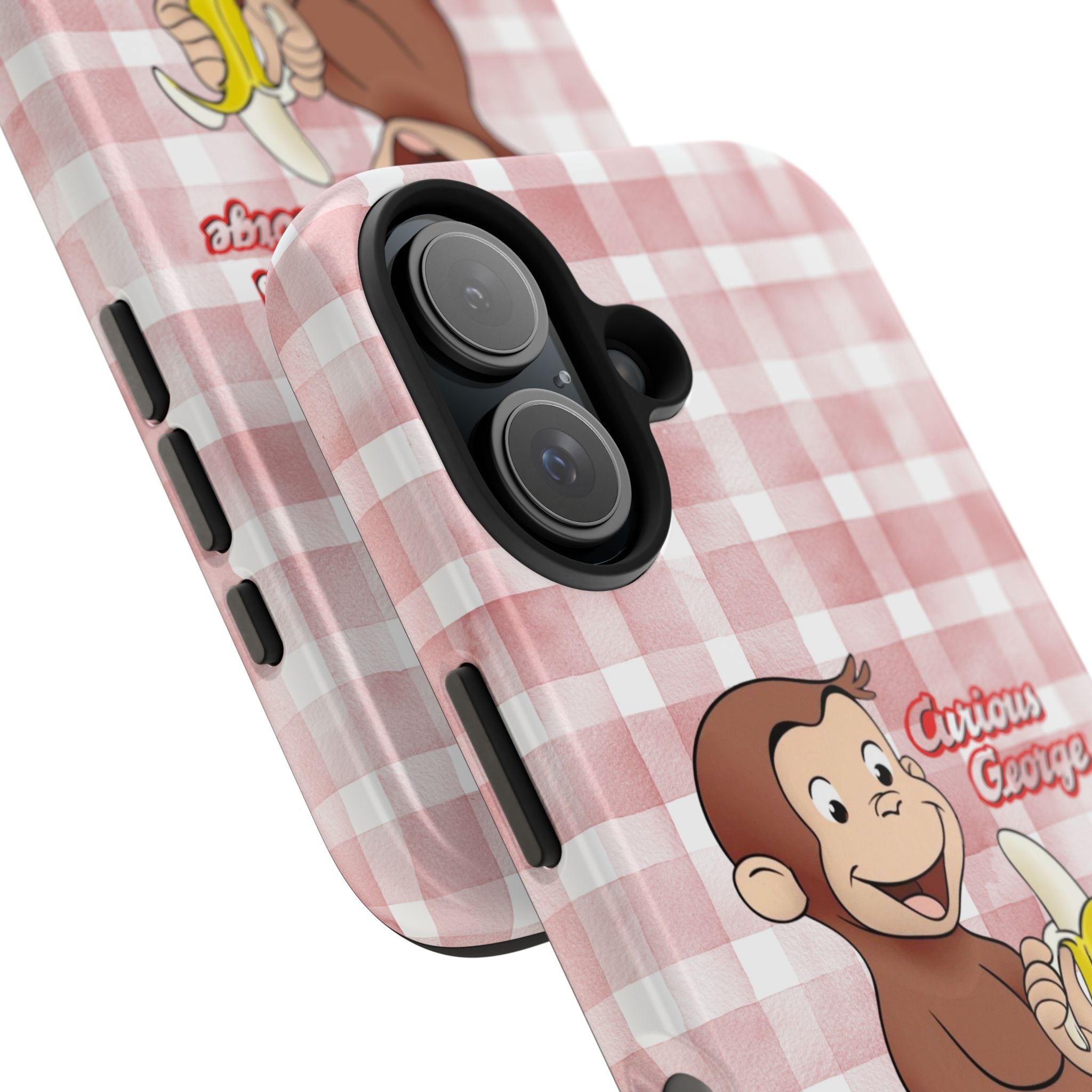 Curious George Banana Tough Phone Case — Cute Kids iPhone Cover, Pink Gingham Protective Case - Creations by Chris and Carlos