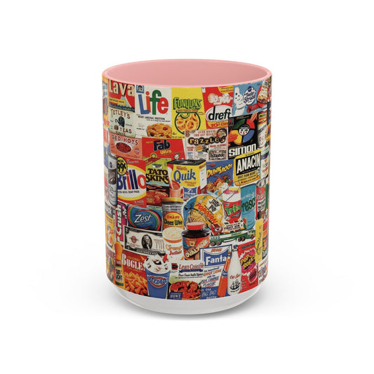 Vintage Retro Ads Coffee Mug — Collage of Classic Brand Labels (11/15oz Accent Mug) - Creations by Chris and Carlos