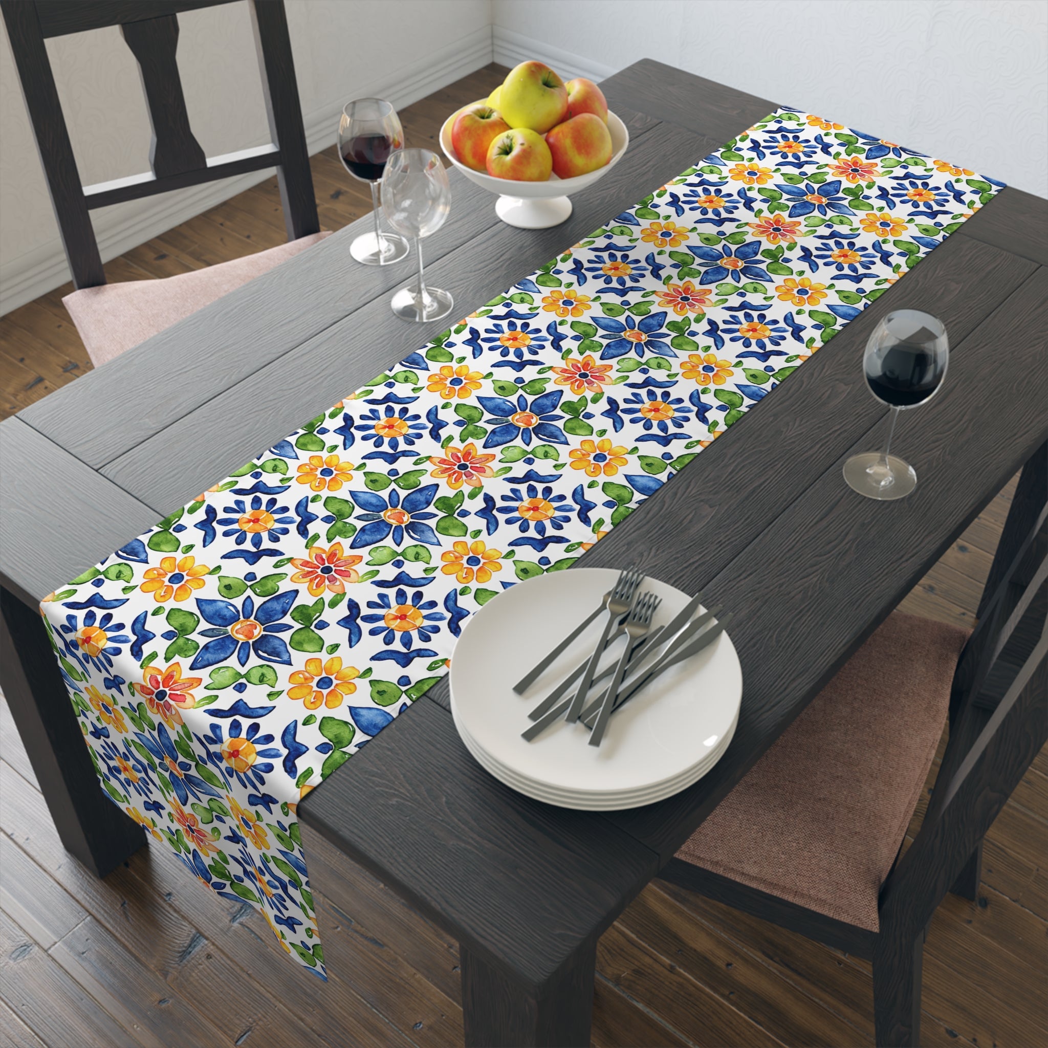 Sol y Alegría (Sun and Joy) Collection- Cactus Succulent Pattern Microfiber Blanket Soft Velveteen Throw for Home & Garden Lovers Floral Tile Table Runner — Blue & Yellow Mediterranean Pattern - Creations by Chris and Carlos
