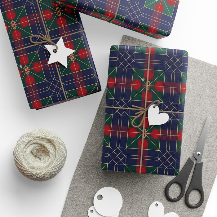 Festive Plaid Holiday Wrapping Paper Roll — Navy, Red & Green Geometric Pattern