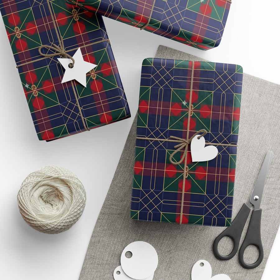Festive Plaid Holiday Wrapping Paper Roll — Navy, Red & Green Geometric Pattern