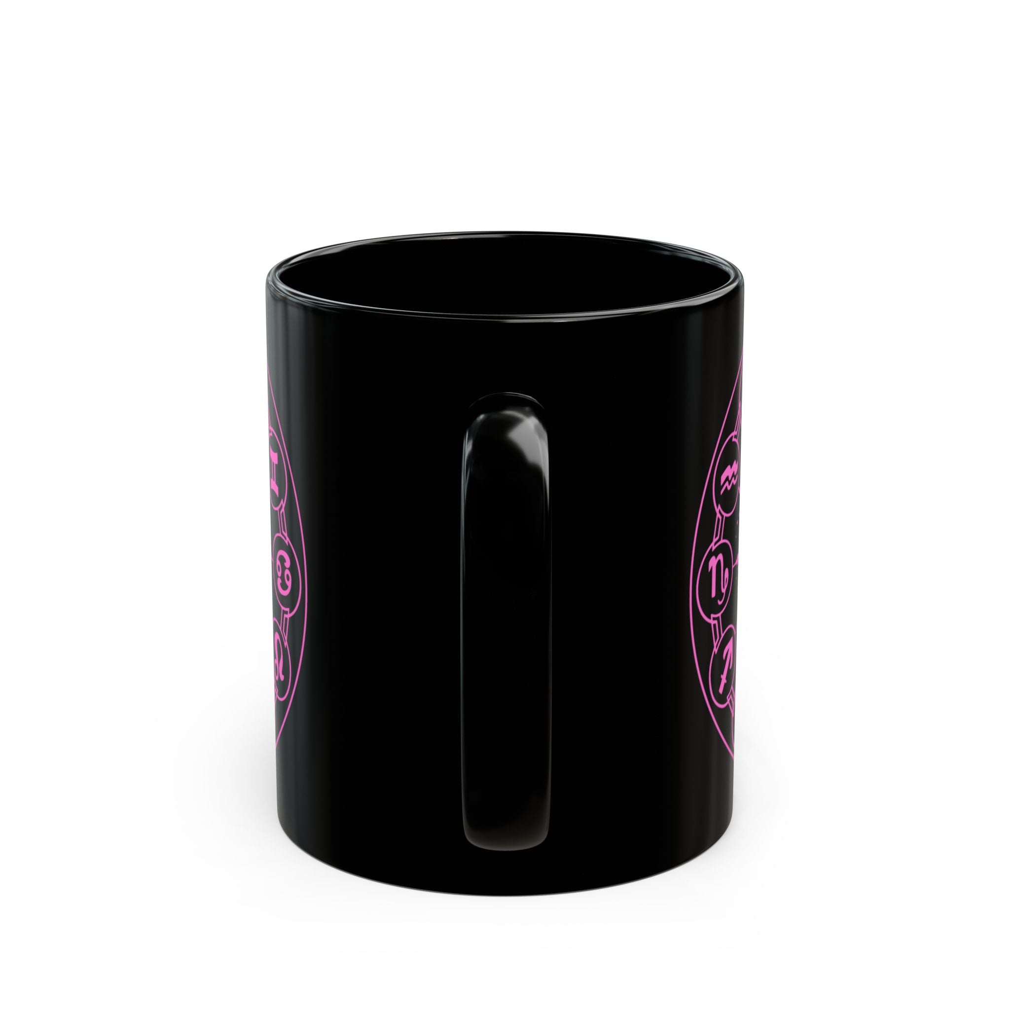 Zodiac Wheel Black Mug — Pink Astrology Symbols Coffee Cup (11oz/15oz) - Creations by Chris and Carlos