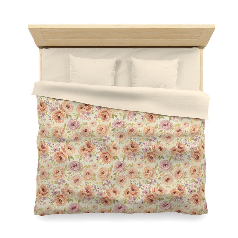 English Ivy & Rose Floral Rose Microfiber Duvet Cover – Soft Vintage Peach Garden Bedding