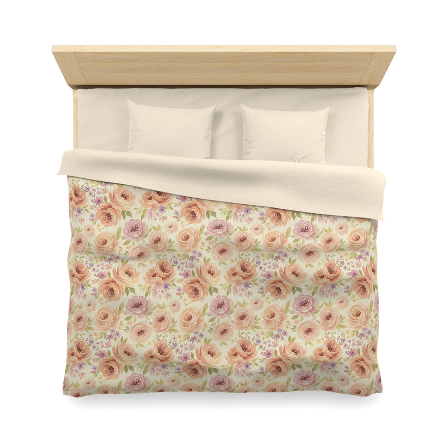 English Ivy & Rose Floral Rose Microfiber Duvet Cover – Soft Vintage Peach Garden Bedding