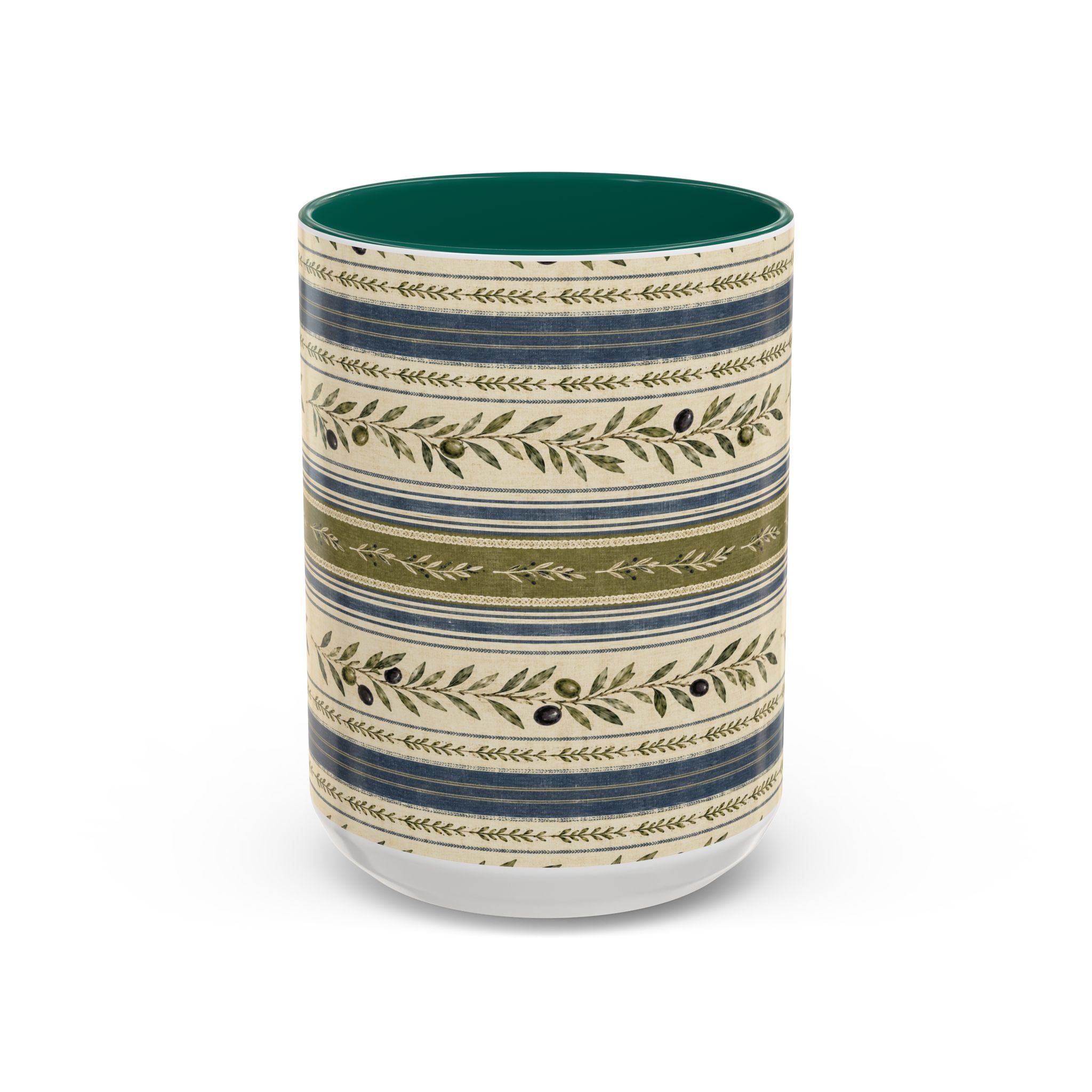 Botanical Stripe Ceramic Mug — Olive & Navy Patterned Coffee Cup (11oz/15oz) - Creations by Chris and Carlos