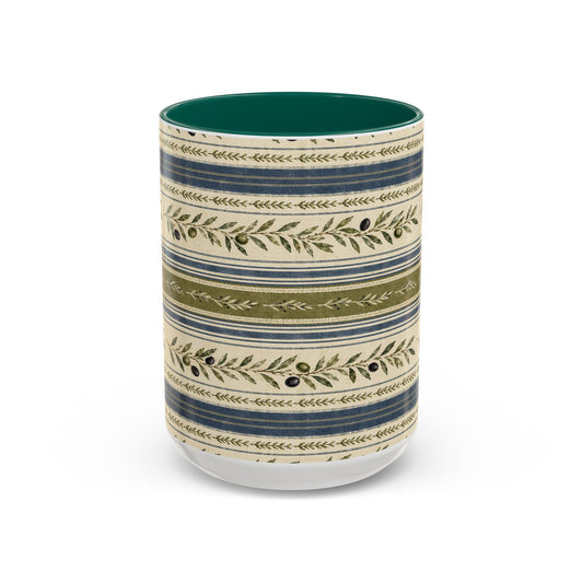 Botanical Stripe Ceramic Mug — Olive & Navy Patterned Coffee Cup (11oz/15oz) - Creations by Chris and Carlos