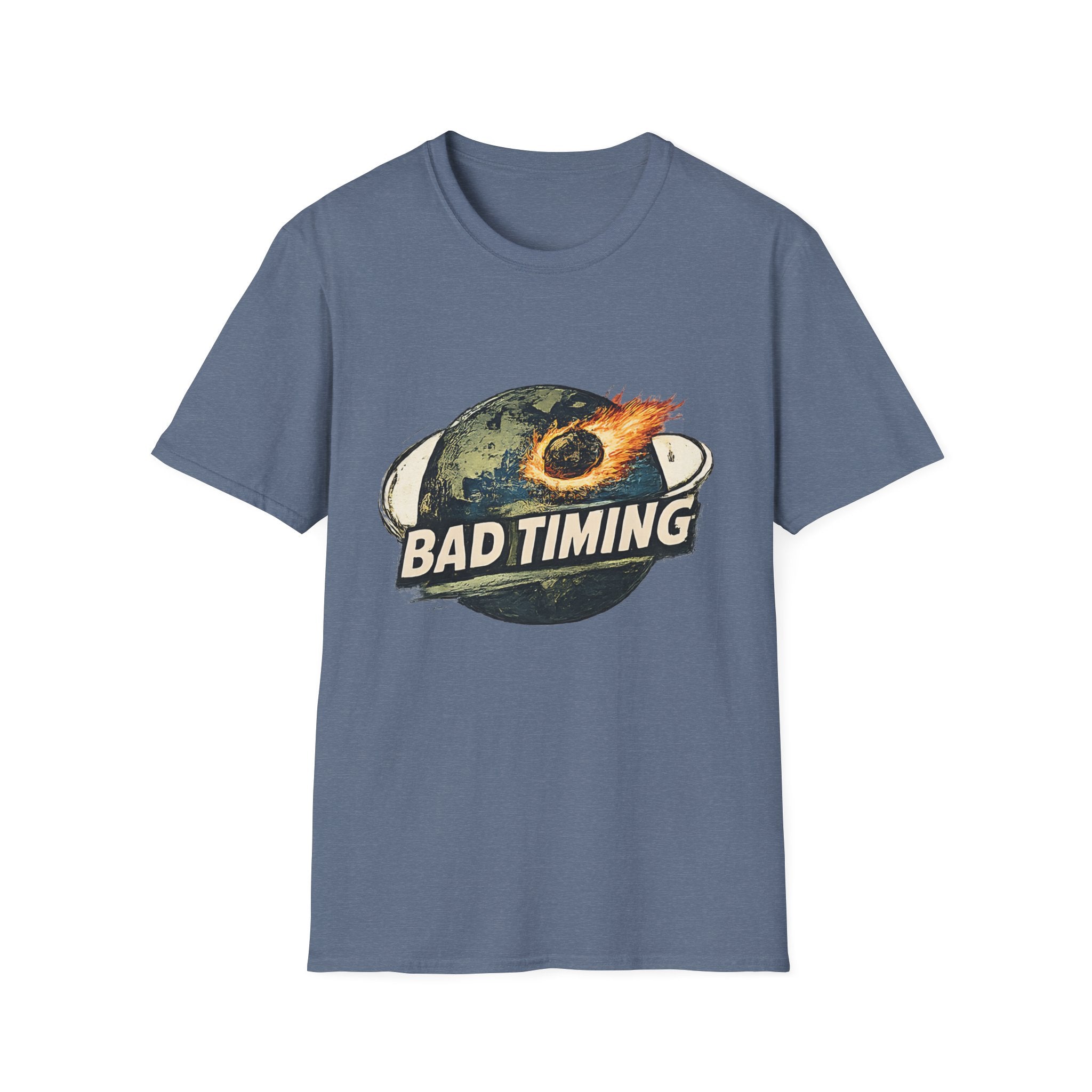 Bad Timing Graphic T-Shirt — Retro Meteor Earth Design - Creations by Chris and Carlos