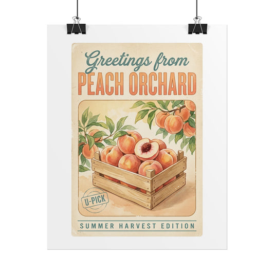 Peach Orchard Vintage Travel Poster — Rolled Poster (“Greetings from Peach Orchard” Summer Harvest Art) - Creations by Chris and Carlos