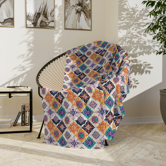 Velveteen Microfiber Blanket — Colorful Moroccan Tile Pattern Cozy Throw - Creations by Chris and Carlos