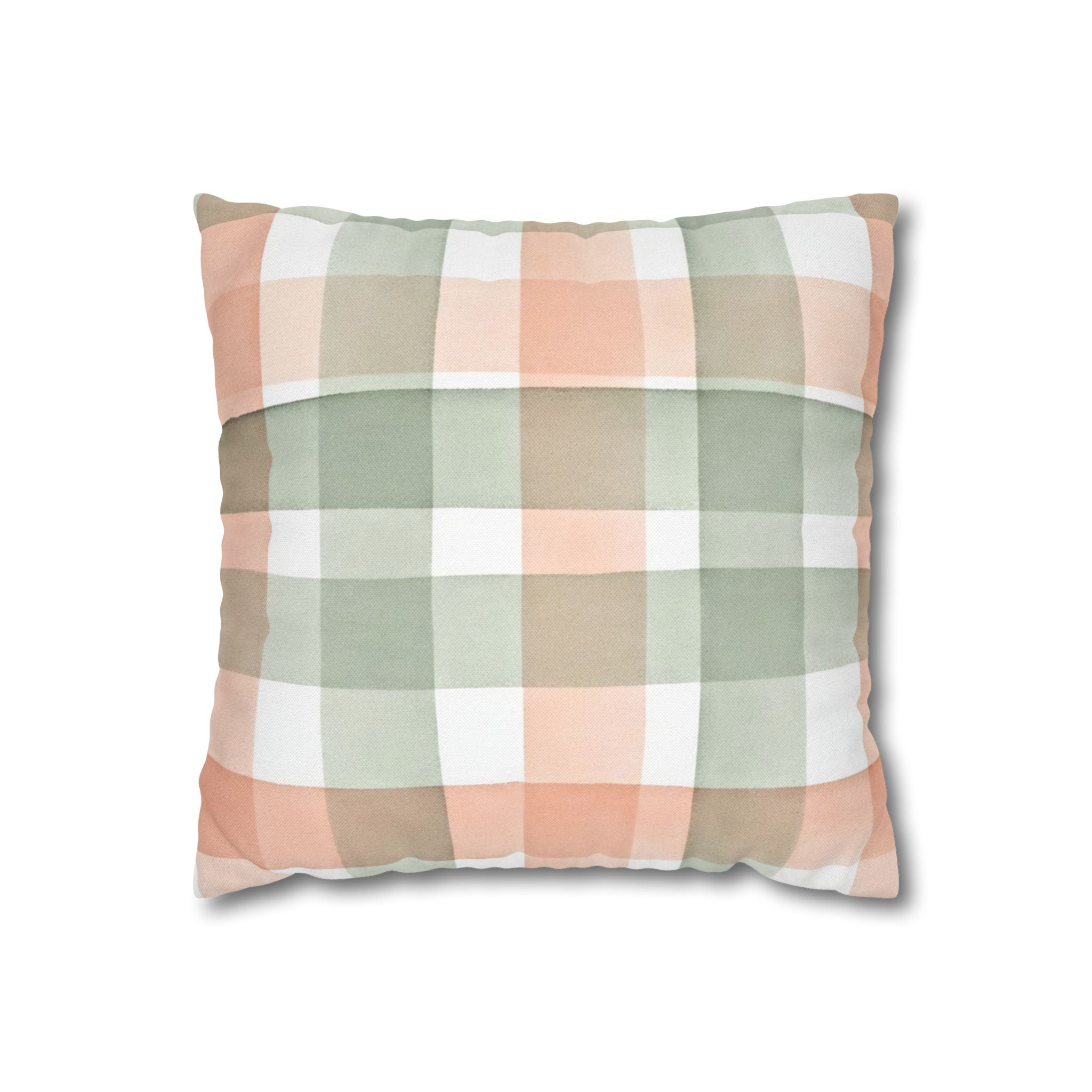 The Artisanal Flora Gallery Pastel Buffalo Check Pillowcase — Peach & Sage Plaid Square Pillow Cover - Creations by Chris and Carlos