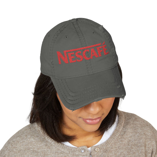 Nescafe Dad Hat — Distressed Embroidered Nescafé Logo - Creations by Chris and Carlos