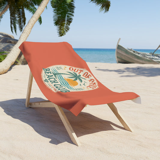 Out of Office Beach Club Beach Towel — Retro Palm Sunset Design - Creations by Chris and Carlos