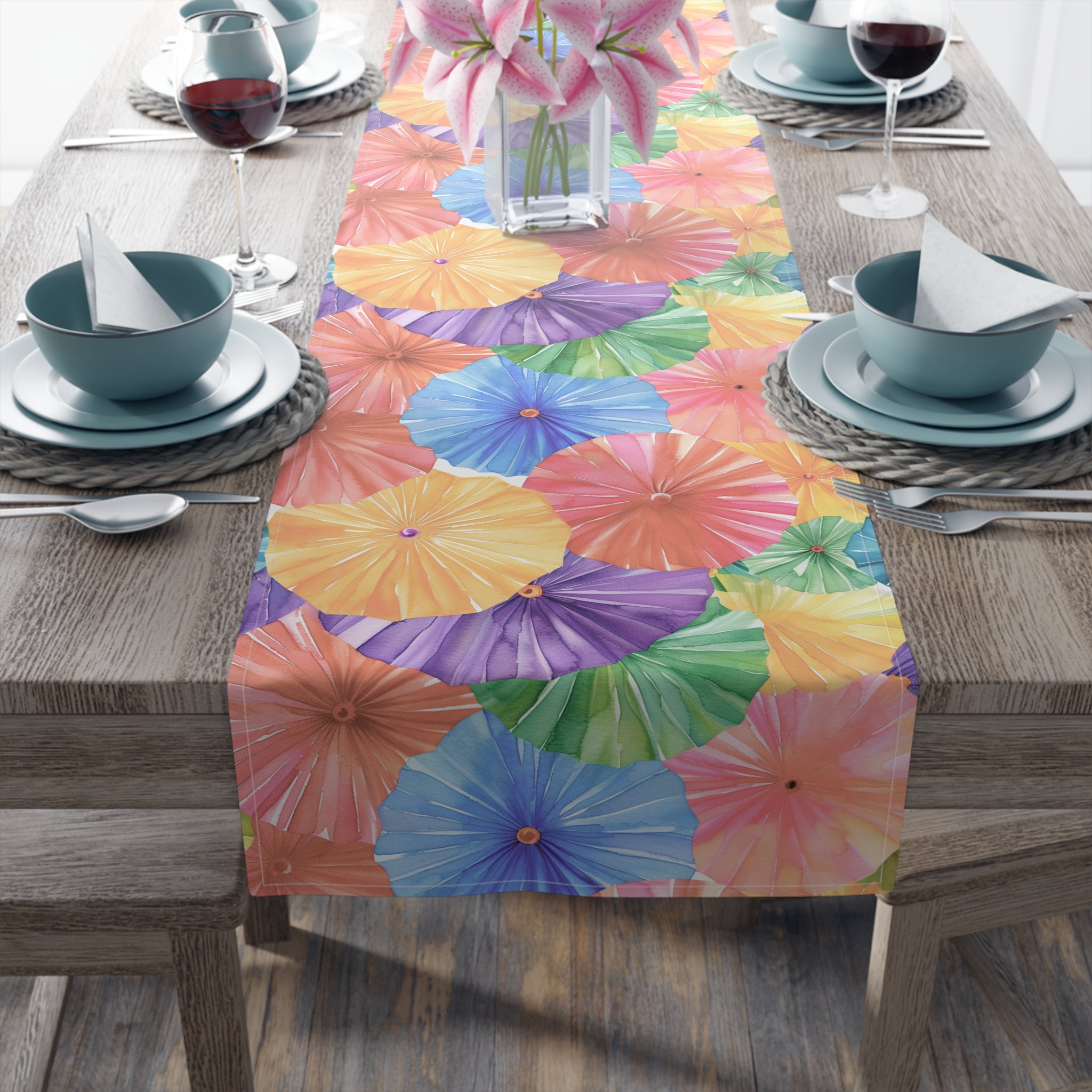Floral Parasol Pattern Table Runner — Colorful Summer Umbrella Design - Creations by Chris and Carlos