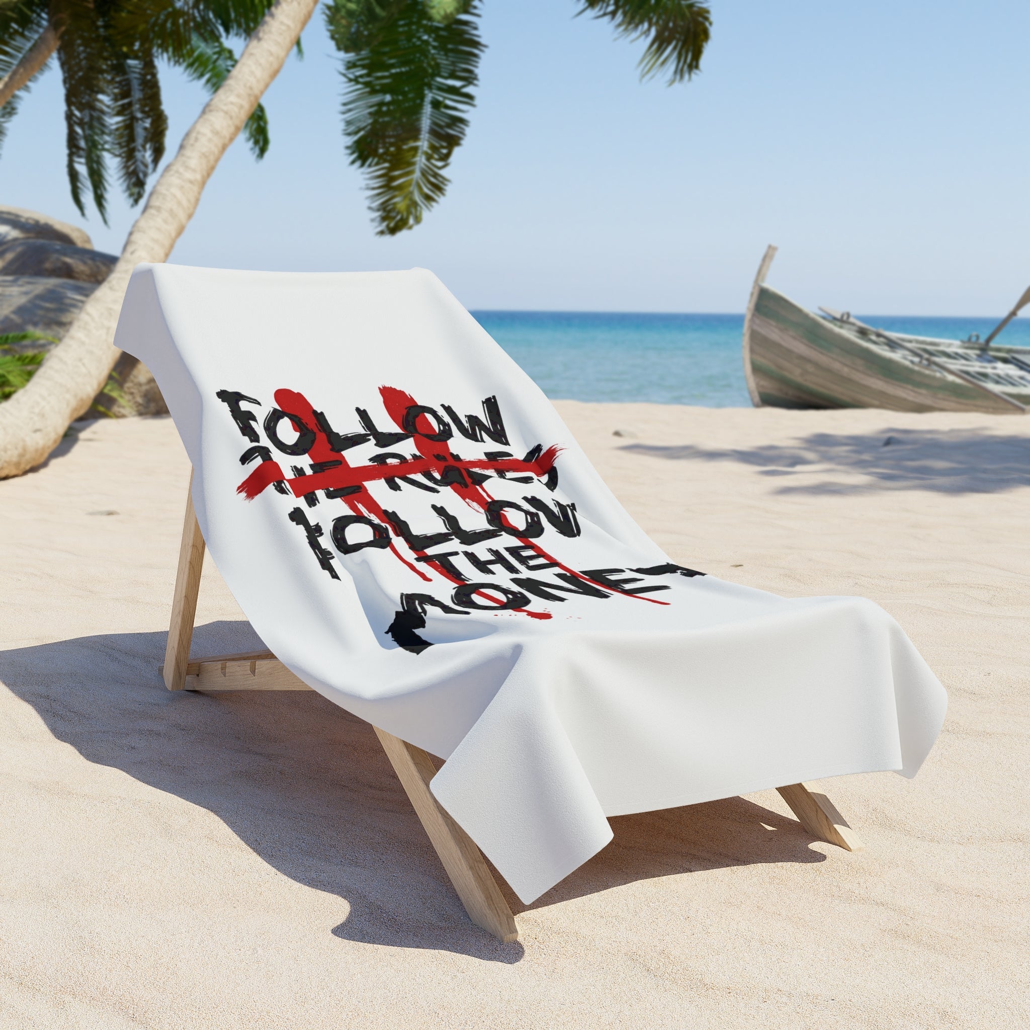 Beach Towel — "Follow the Money" Graphic Beach Towel (Bold Red Strike-Through) - Creations by Chris and Carlos