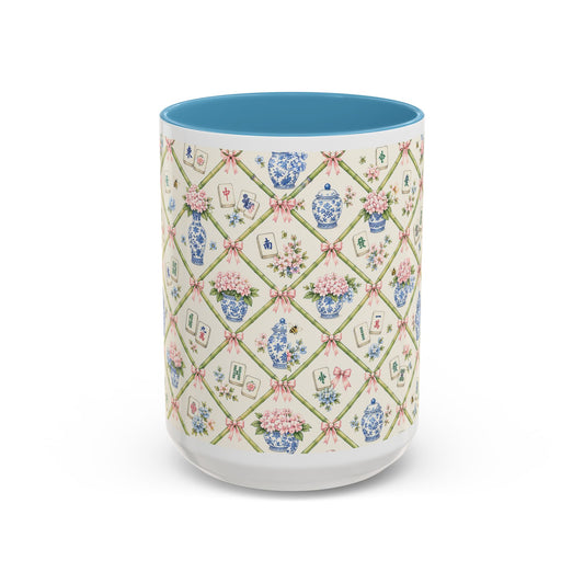 Floral Mahjong Accent Coffee Mug – Pink Interior & Handle, Vintage Chinoiserie Pattern - Creations by Chris and Carlos