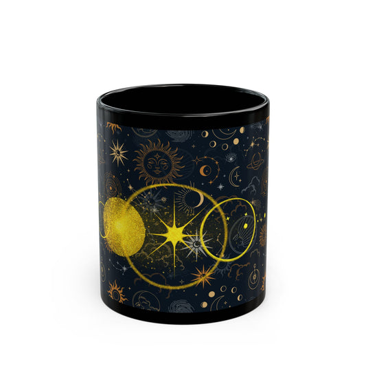 Celestial Phases Black Mug — Gold Moon & Star Astrology Design (11oz/15oz) - Creations by Chris and Carlos