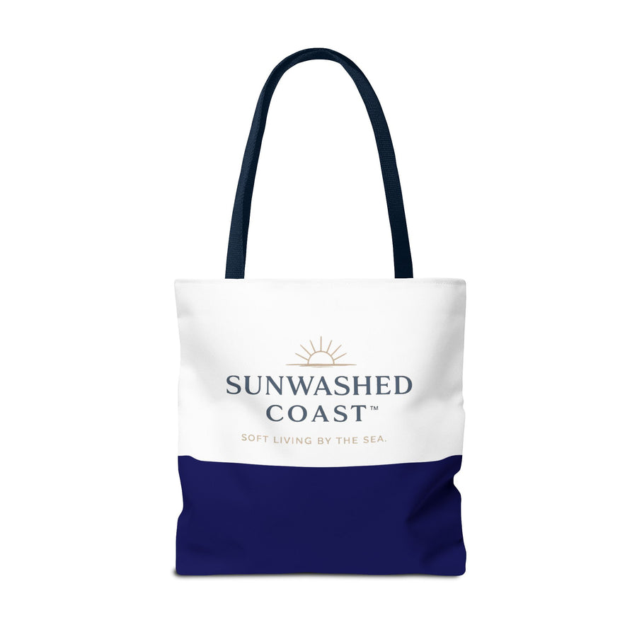 Sunwashed Coast Tote Bag — Coastal Canvas Beach Tote with 'Soft Living by the Sea' Logo