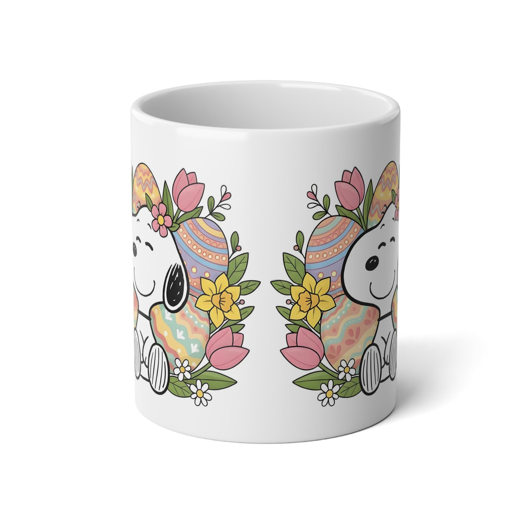 20oz Easter Jumbo Mug — Cute Snoopy-Style Dog with Floral & Painted Egg Design - Creations by Chris and Carlos