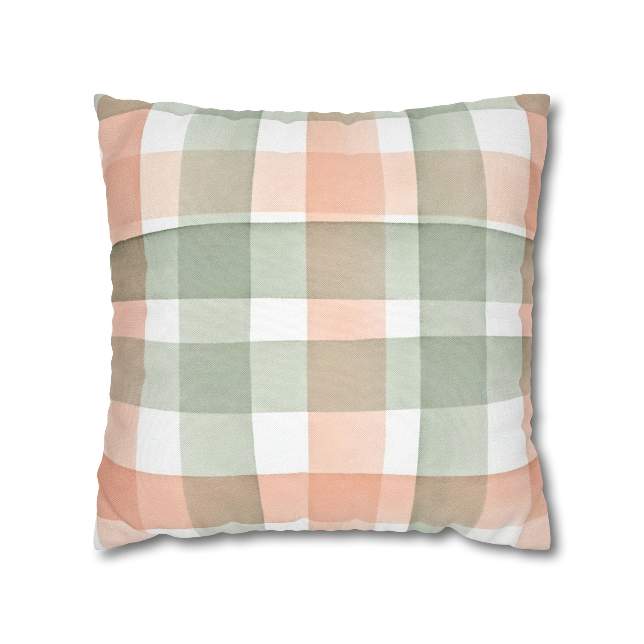 The Artisanal Flora Gallery Pastel Buffalo Check Pillowcase — Peach & Sage Plaid Square Pillow Cover - Creations by Chris and Carlos