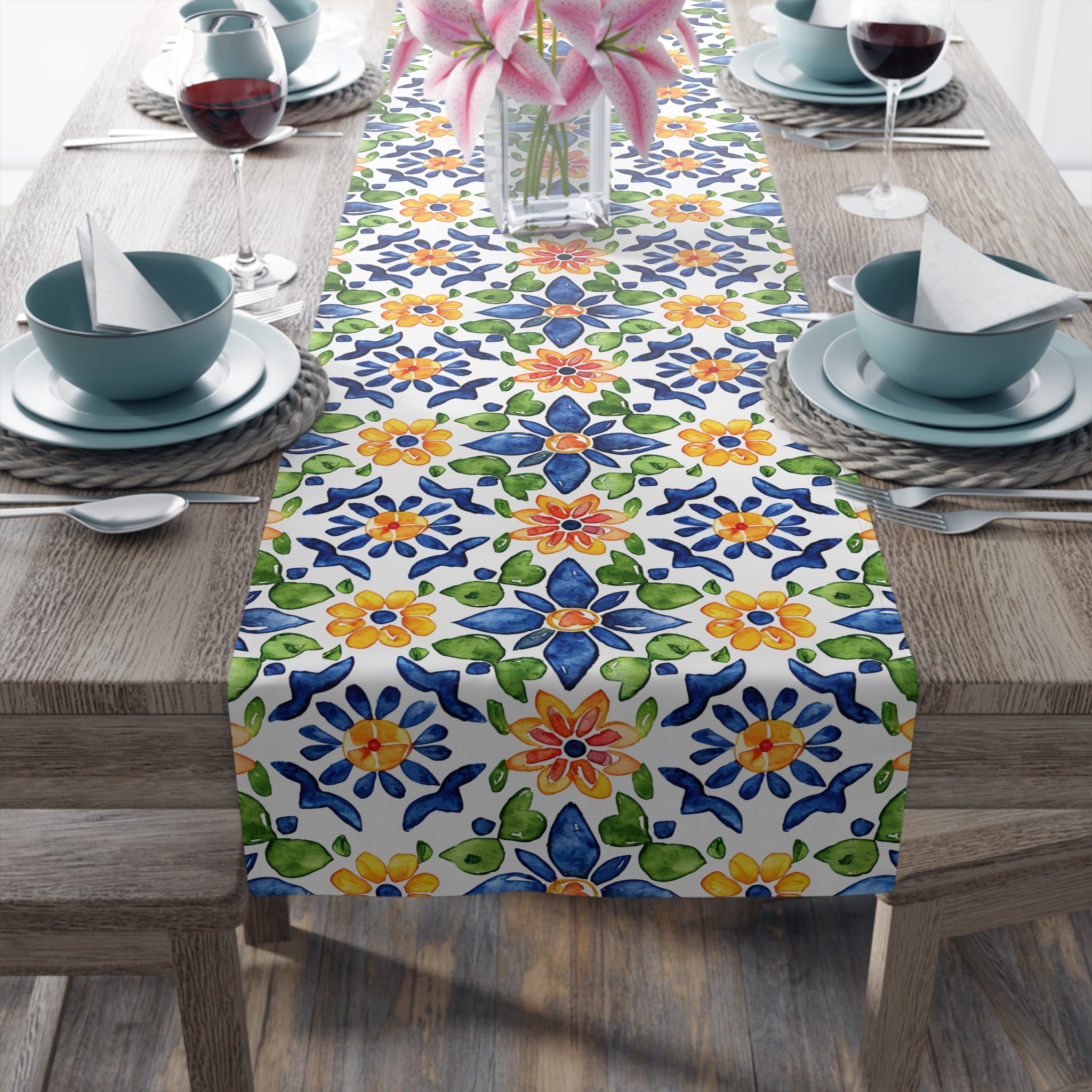 Sol y Alegría (Sun and Joy) Collection- Cactus Succulent Pattern Microfiber Blanket Soft Velveteen Throw for Home & Garden Lovers Floral Tile Table Runner — Blue & Yellow Mediterranean Pattern - Creations by Chris and Carlos