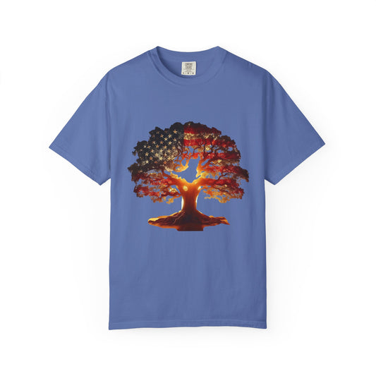 Patriotic Tree of Life T-Shirt — American Flag Sunset Graphic - Creations by Chris and Carlos