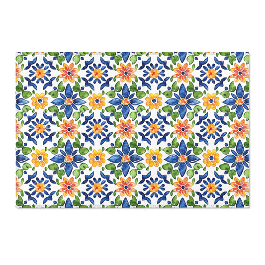 Sol y Alegría (Sun and Joy) Collection- Mediterranean Floral Area Rug — Colorful Blue & Yellow Tile Pattern - Creations by Chris and Carlos