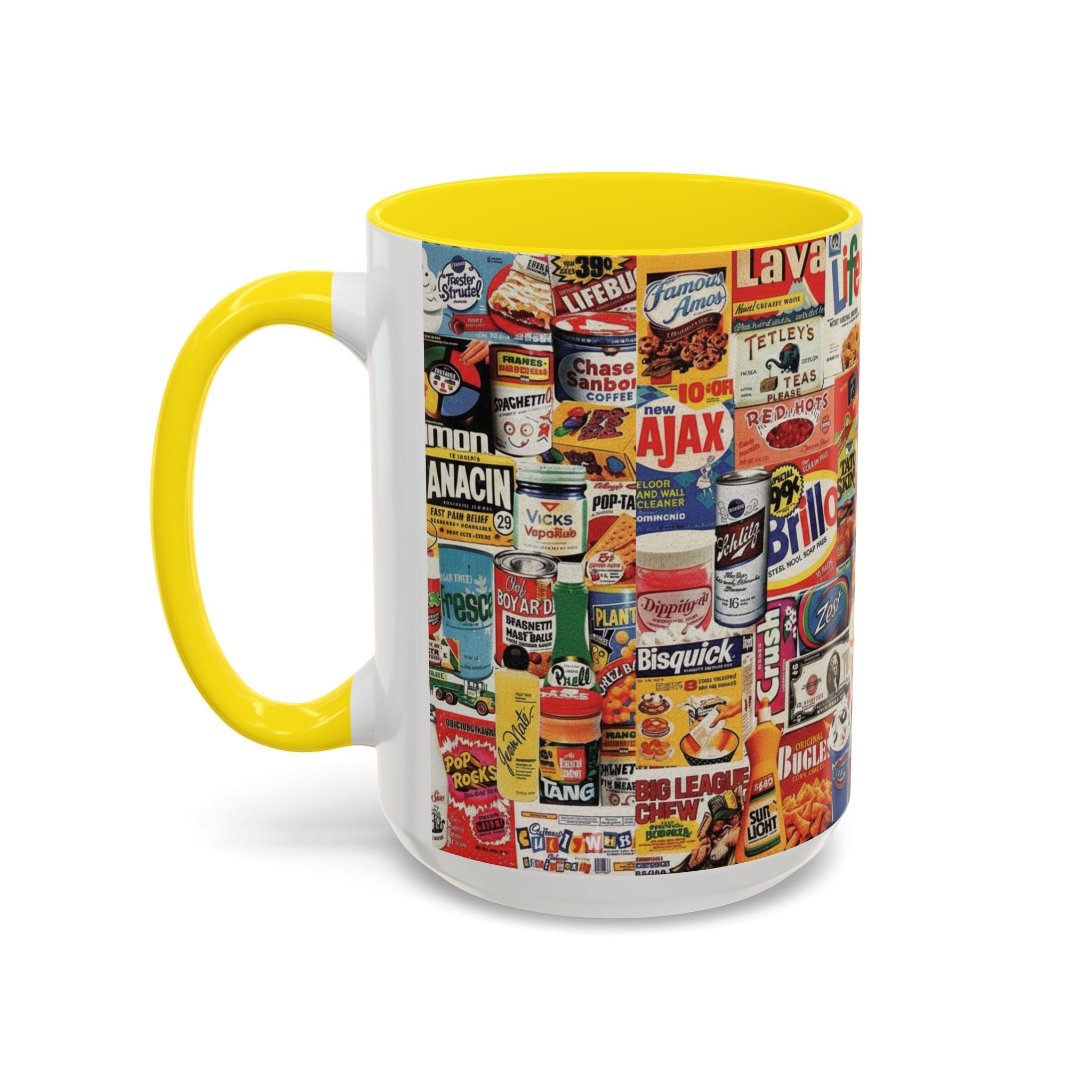 Vintage Retro Ads Coffee Mug — Collage of Classic Brand Labels (11/15oz Accent Mug) - Creations by Chris and Carlos