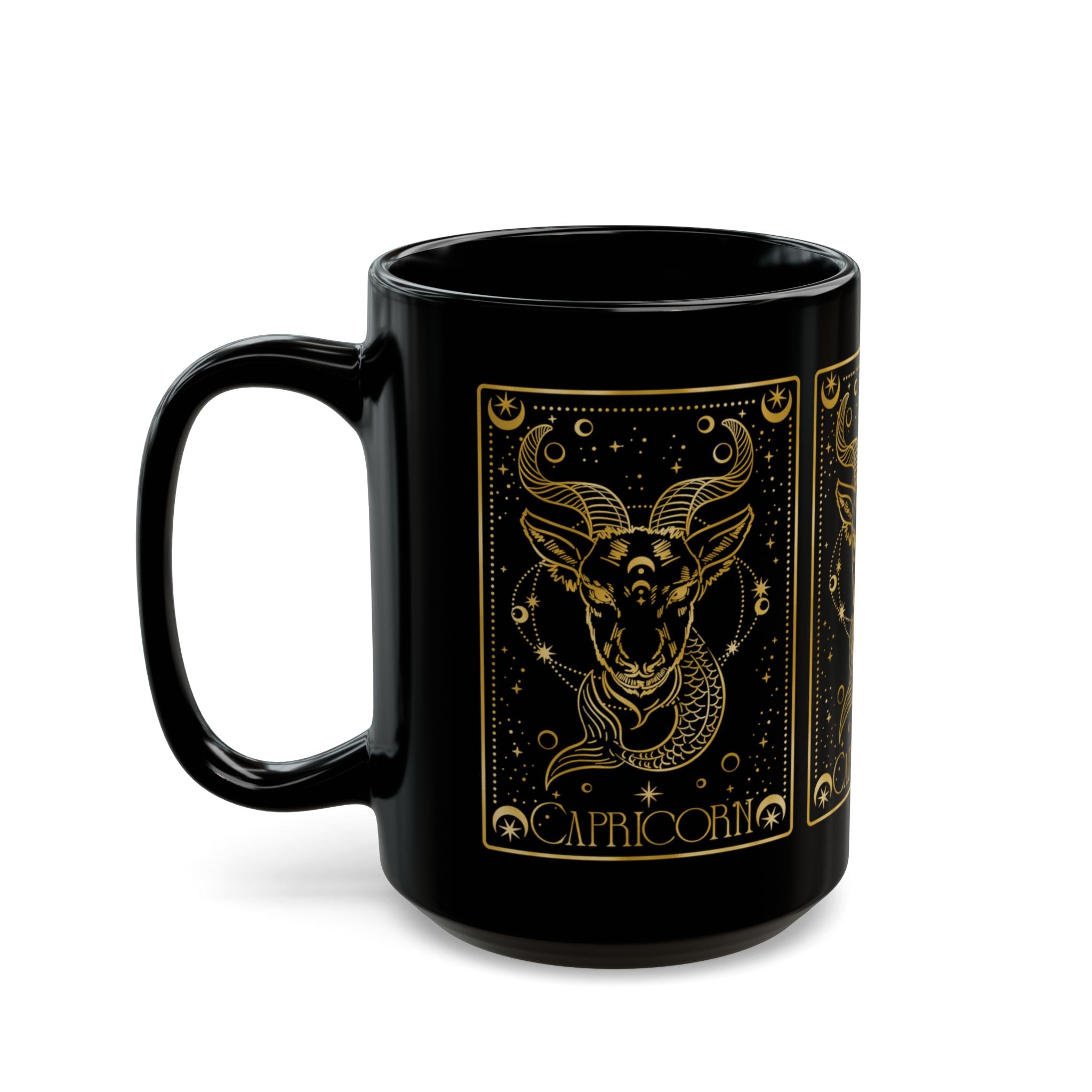 Capricorn Zodiac Black Mug — Gold Astrological Goat Design (11oz & 15oz) - Creations by Chris and Carlos