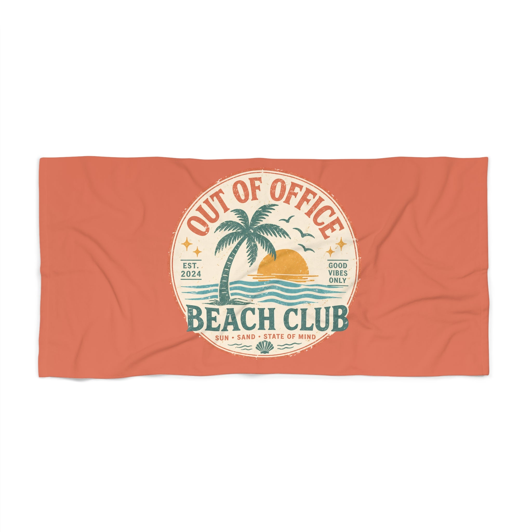 Out of Office Beach Club Beach Towel — Retro Palm Sunset Design - Creations by Chris and Carlos