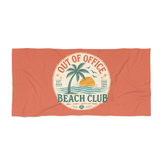 Out of Office Beach Club Beach Towel — Retro Palm Sunset Design - Creations by Chris and Carlos
