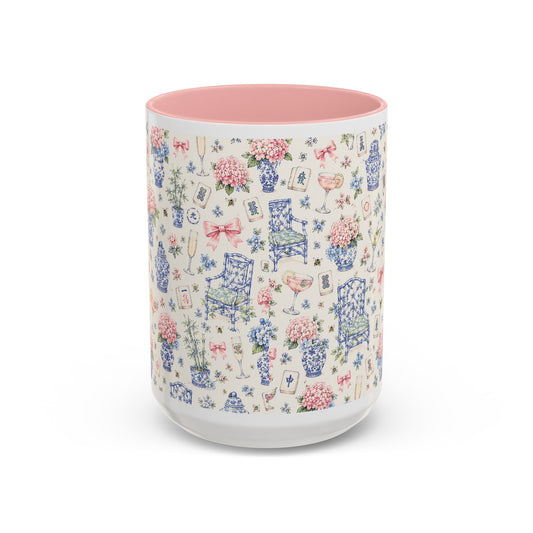 Floral Blue Chinoiserie Accent Coffee Mug — Pink Interior 11/15oz - Creations by Chris and Carlos