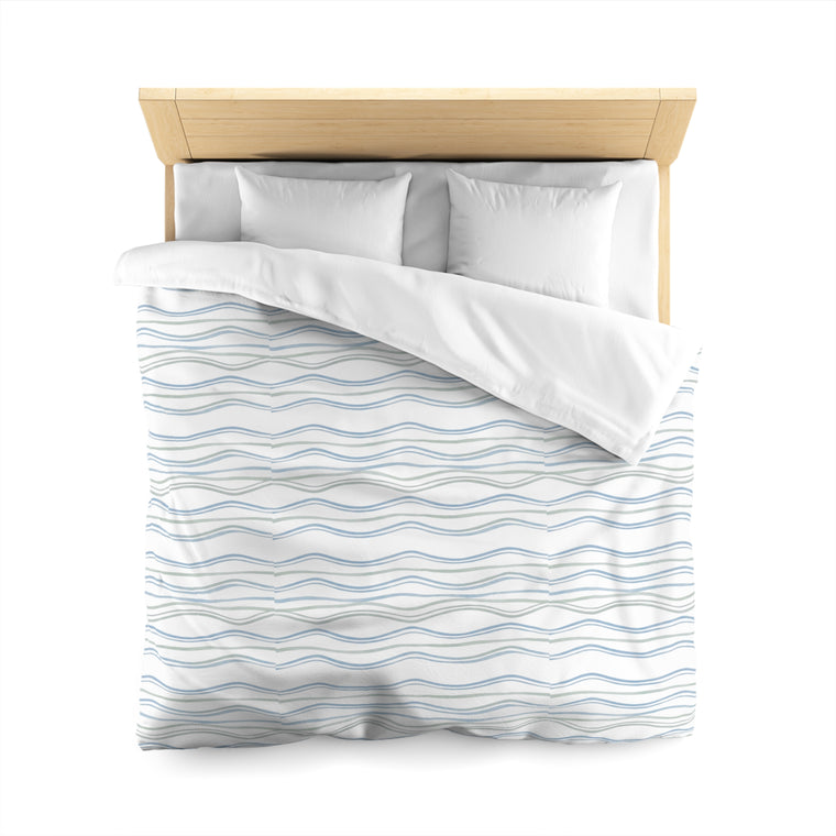 Honey & Hive™ Home | Pattern Play™ | Stitch + Stripe Soft Blue Striped Wave Pattern Microfiber Duvet Cover — Coastal Blue Minimalist Bedding