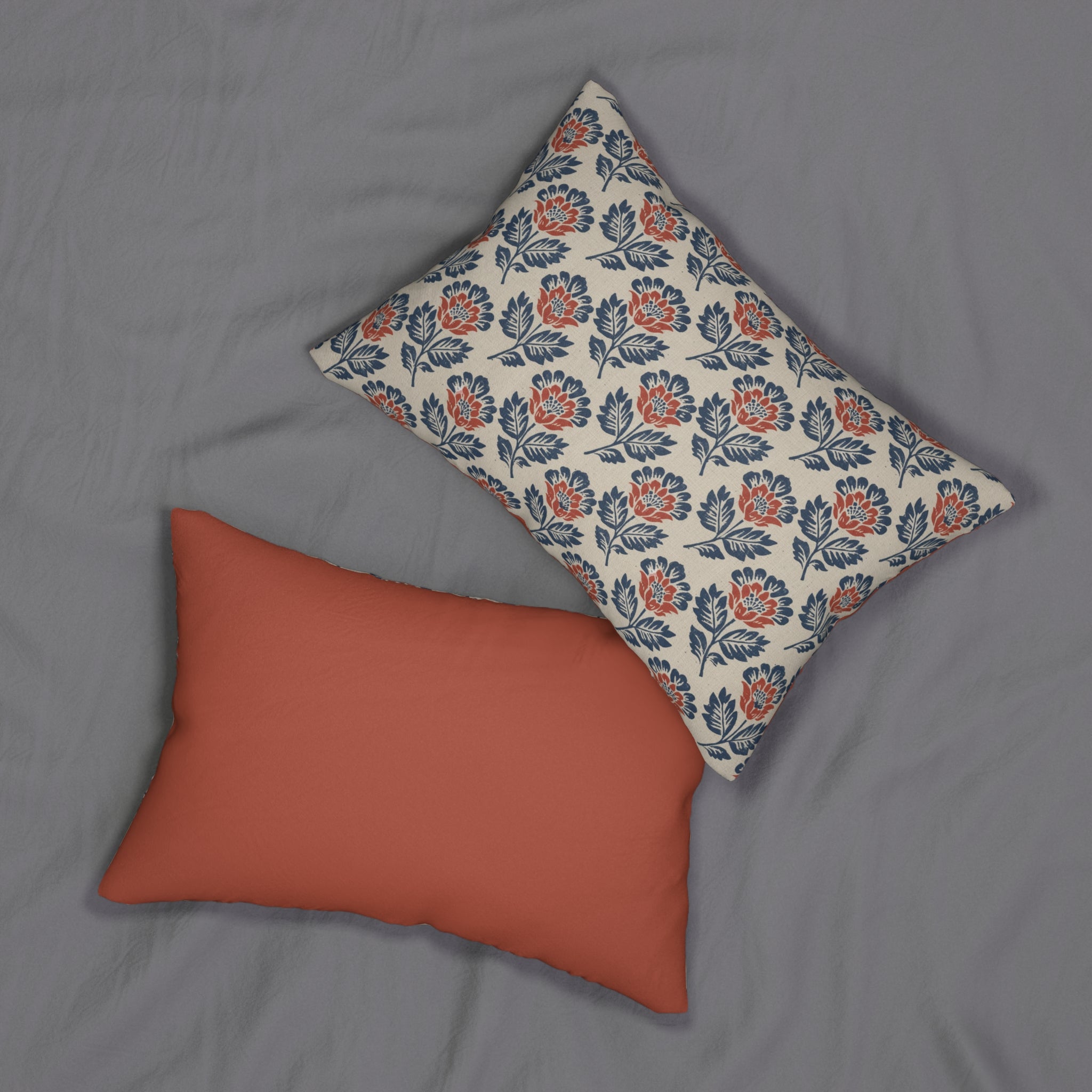 Plumstead Manor Floral Block-Print Lumbar Pillow — Rustic Coral & Navy Accent Cushion - Creations by Chris and Carlos